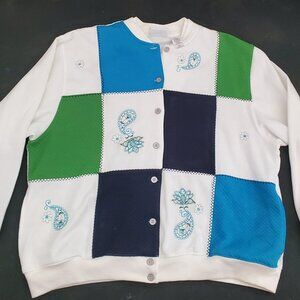 Alfred Dunner Sweatshirt Jacket Plus Size XL Cream Blue Green Black Patchwork